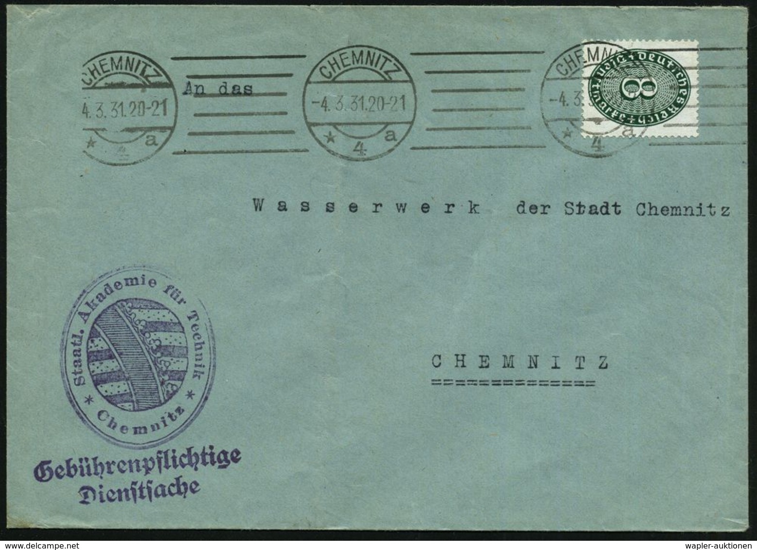 CHEMNITZ/ *4a 1931 (4.3.) BdmaSt Auf EF 8 Pf. Dienst + Viol. HdN: Staatl. Akademie Für Technik = Sächs. Wappen (schwache - Ohne Zuordnung