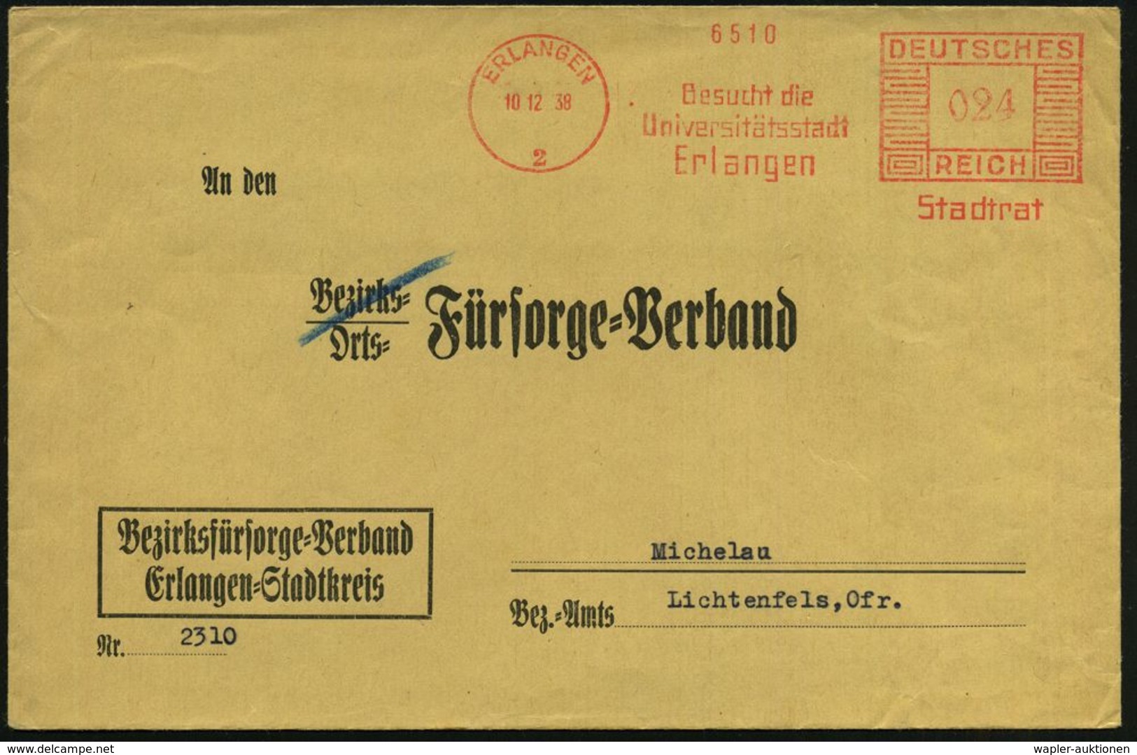 ERLANGEN/ 2/ Besucht Die/ Universitätsstadt/ Erlangen/ Stadtrat 1938 (10.12.) AFS Klar Auf Kommunal-Bf.: BEZIRKS-Fürsorg - Ohne Zuordnung