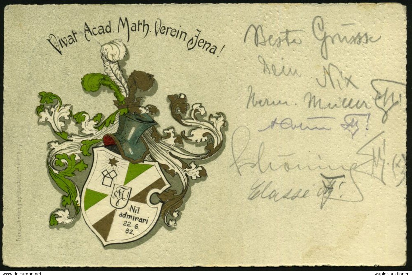 JENA /  RUDELSBURG 1911 (1.7.) Color-Litho-Ak.: Vivat Acad. Math. Verein Jena! (Wappen) 1K-Gitter: RUDELSBURG/*** = Haus - Ohne Zuordnung