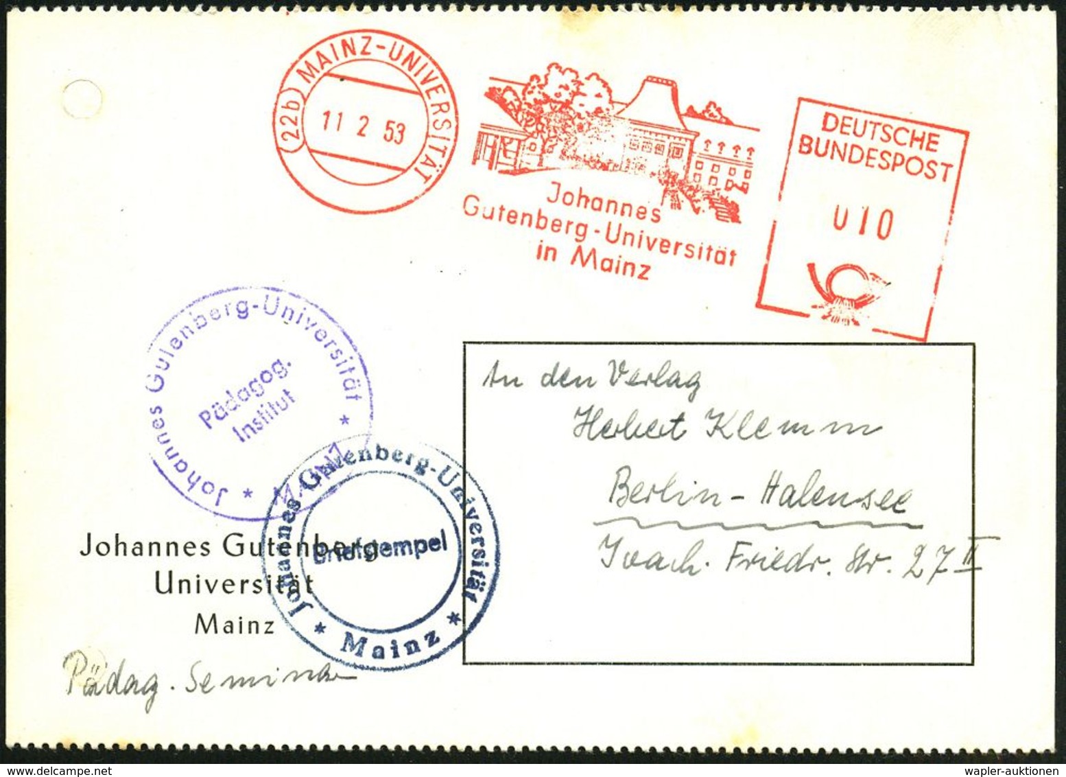 (22b) MAINZ-UNIVERSITÄT/ Johannes/ Gutenberg-Universität.. 1953 (11.2.) Seltener AFS = Hauspostamt Universität! (Gebäude - Zonder Classificatie