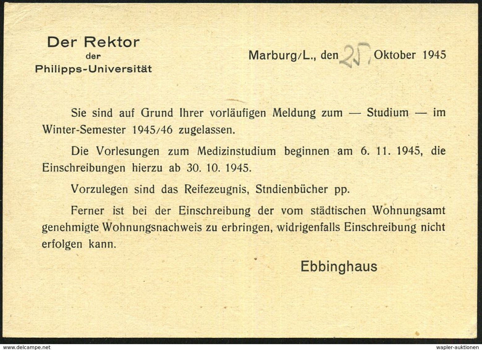 MARBURG/ D/ (LAHN)2 1945 (29.10.) 1K-Brücke + Roter Ra.2: Gebühr/bezahlt , Dekorative Dienst-Kt.: Philipps-Universität.. - Ohne Zuordnung