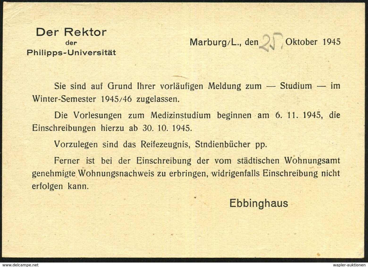 MARBURG/ D/ (LAHN)2 1945 (29.10.) 1K-Brücke + Roter Ra.2: Gebühr/bezahlt , Dekorative Dienst-Kt.: Philipps-Universität.. - Zonder Classificatie