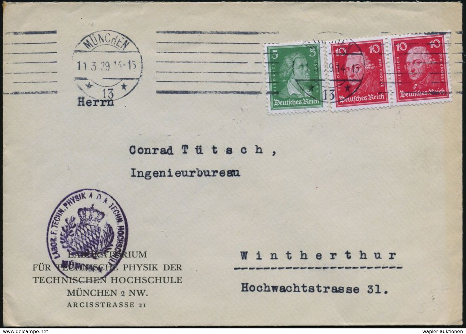 MÜNCHEN/ *13* 1929 (11.3.) BdMaSt + Viol.HdN: LABOR F.TECHN. PHYSIK..TECHN.HOCHSCHULE (bayer. Wappen) Dienst-Ausl.-Bf. ( - Non Classés