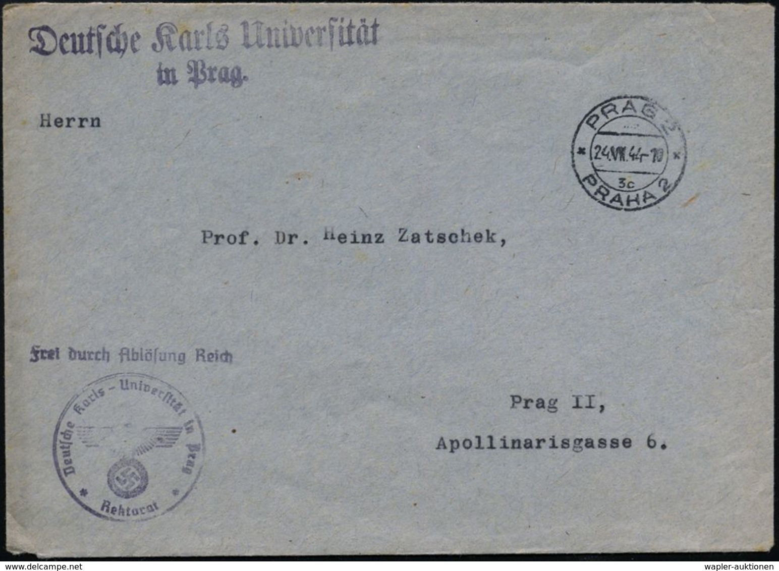 BÖHMEN & MÄHREN 1944 (24.7.) 2K-Steg: PRAG 2/3c/PRAHA 2 + 2L: Deutsche Karls Universität/ In Prag + HdN: FdAR/ Deutsche  - Sin Clasificación