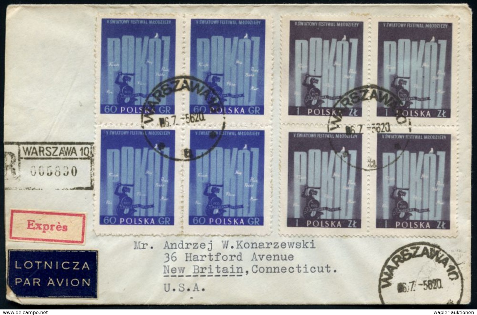 POLEN 1956 (18.5.) "5. Internat. Treffen Der Jugend & Studenten", Warschau, 4er-Block-Paar-Satz , 1K + Schw. R-Stempel:  - Ohne Zuordnung