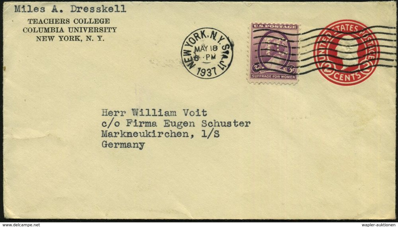 U.S.A. 1937 (18.5.) PU 2 C. Washington ,rot: TEACHERS COLLEGE/ COLUMBIA UNIVERSITY + 3 C. Anthony Mit Lochung: T C = Tea - Non Classificati