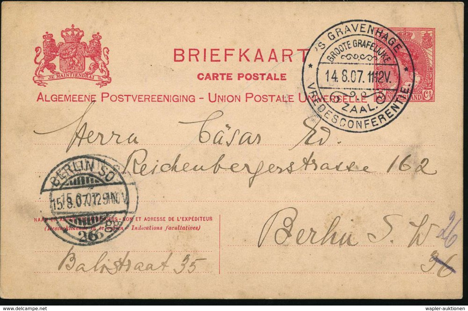 NIEDERLANDE 1907 (14.8.) Seltener SSt: 's GRAVENHAGE/GROOTE GRAFELIJKE/ZAAL/VREDESCONFERENTIE = Den Haag Europ. Friedens - UNO