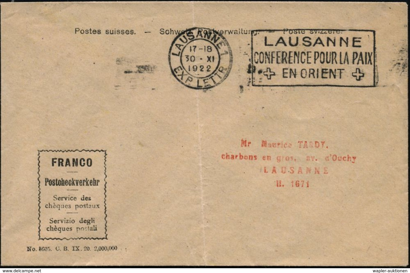 SCHWEIZ 1922 (30.11.) Seltener MWSt.: LAUSANNE 1/CONFERENCE POUR LA PAIX/EN ORIENT = Frieden V.Lausanne, Griech.-türkisc - VN
