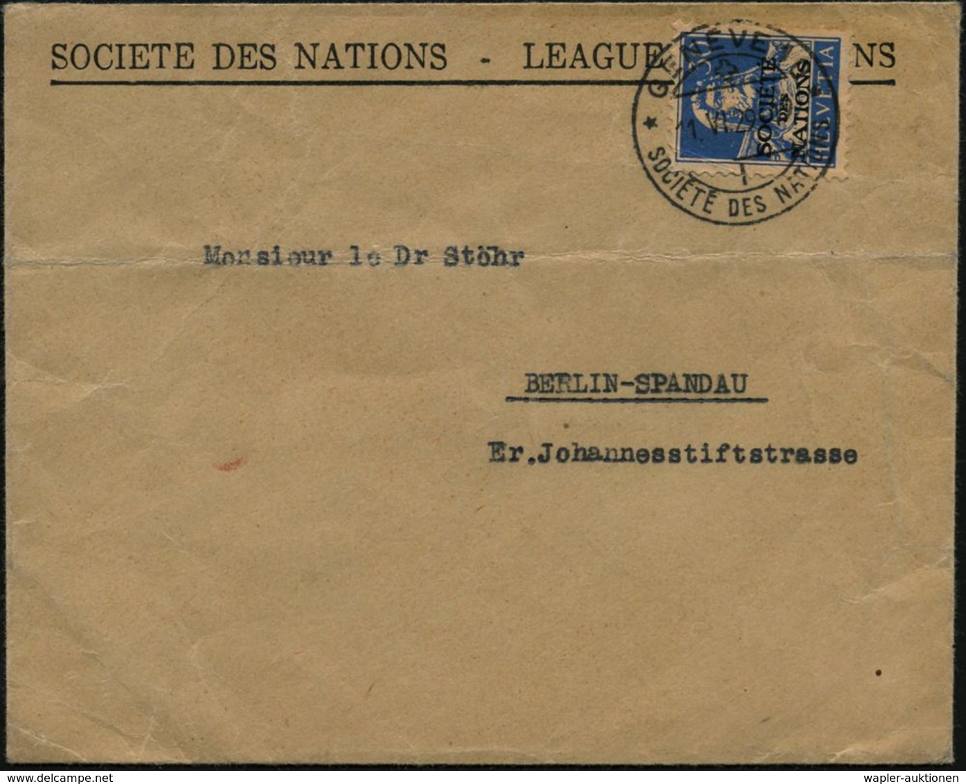 SCHWEIZ 1929 (11.6.) 30 C. "Tell" SDN, EF (Mi.6 EF, + 90.- EUR) 1K: GENEVE 10/I/SOCIETE DES NATIONS, Kleiner Dienst-Ausl - ONU