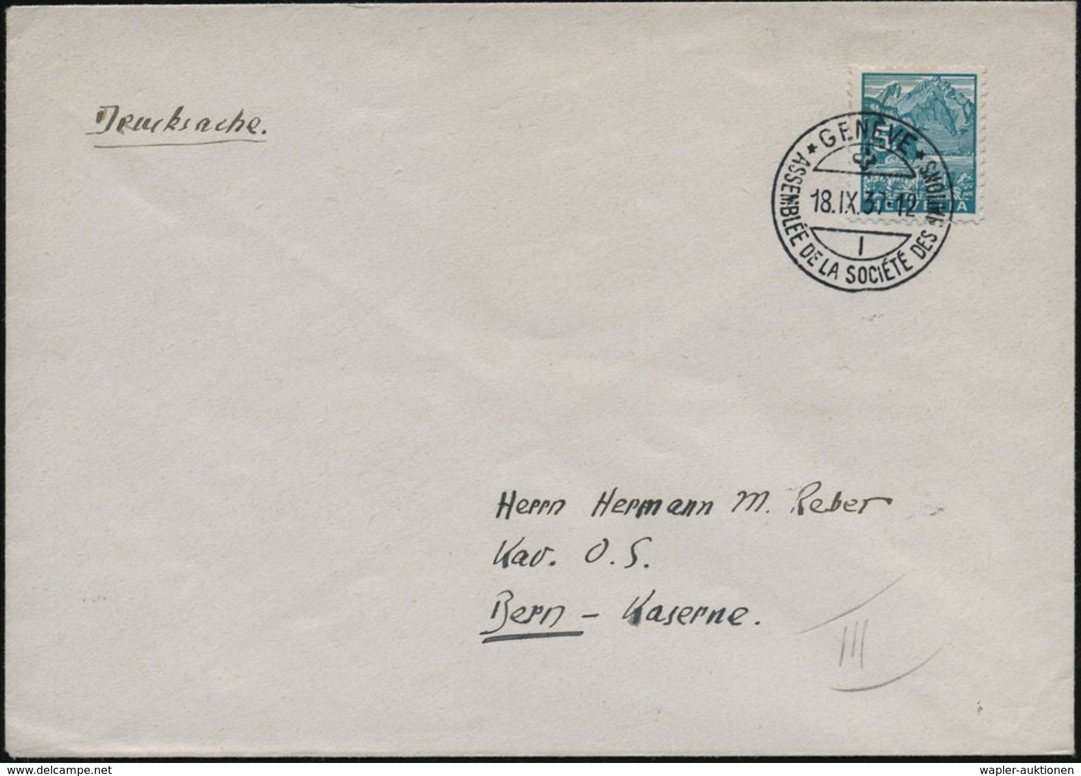 SCHWEIZ 1937 (18.9.) SSt: GENEVE/ASSEMBLEE DE LA SOCIETE DES NATIONS (= 18. Session) Klar Gest. Inl.-Bf. (Pen.SDN 23) - - VN