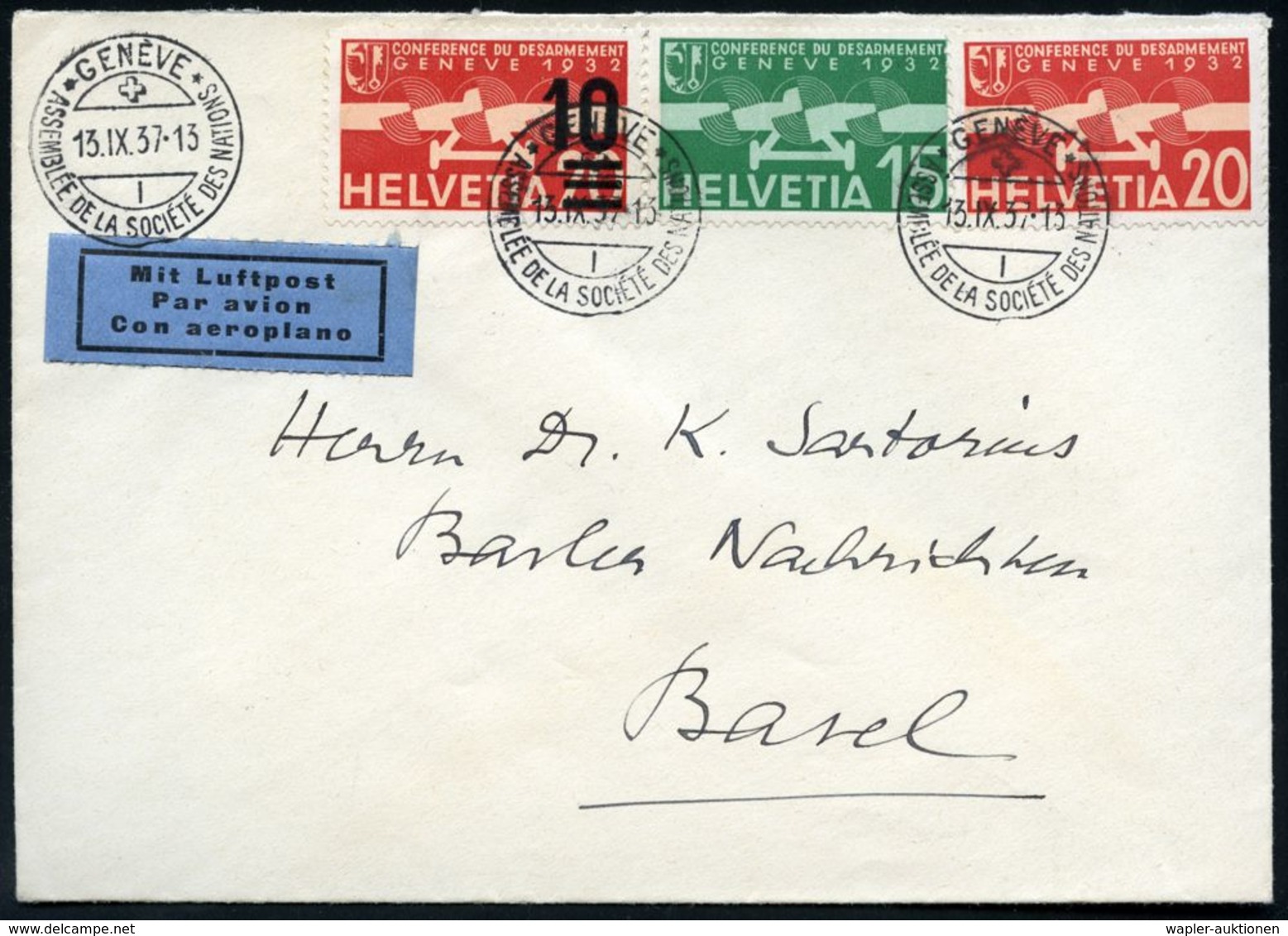 SCHWEIZ 1937 (18.9.) SSt: GENEVE/ASSEMBLEE DE LA SOCIETE DES NATIONS (= 18. Session) 3x Klar Auf Satzreiner Frankatur "I - UNO