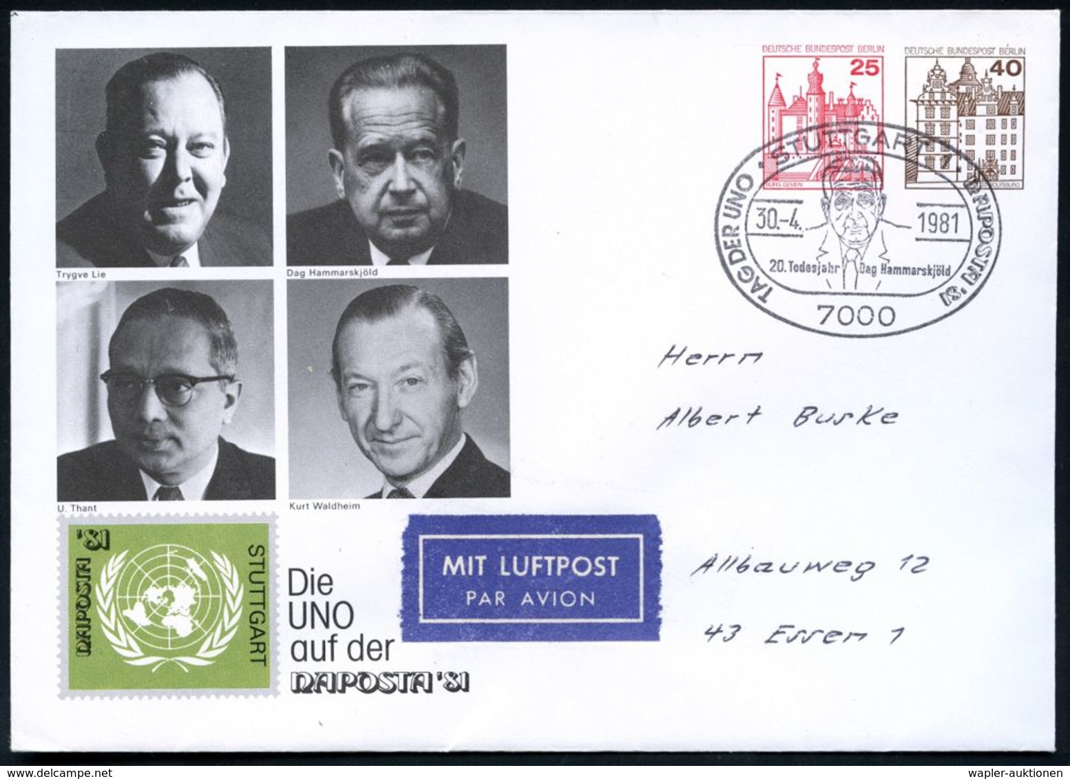 7000 STUTTGART 1/ TAG DER UNO/ 20.Todesjahr Dag Hammarsköld 1981 (30.4.) SSt (= Dag Hammarsköld, Friedens-Nobelpreis 196 - ONU