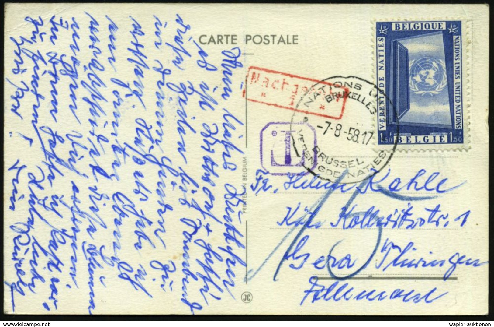 BELGIEN 1958 (7.8.) 1,50 Fr. "UNO Auf Der Expo", EF + EXPO-SSt: BRUXELLES/NATIONS UNIES.., Ausl.-Nachporto-Kt.  (Mi.1102 - VN