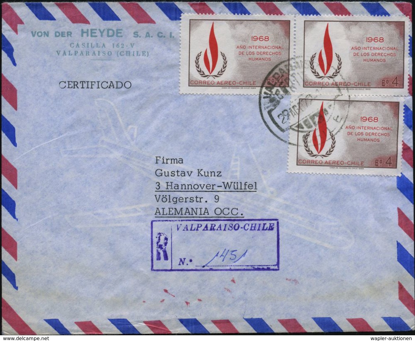 CHILE 1972 (29.8.) "Intermnat. Jahr Der Menschenrechte", 4 E. Reine MeF: 3 Stück + Viol. R-Stempel (VALPARAISO), Klar Ge - VN