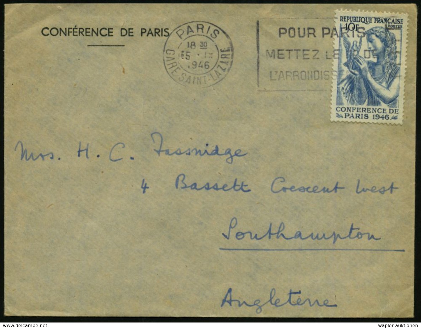 FRANKREICH 1946 (15.9.) 10 F. Friedenskonferenz, EF (Frau Mit Taube) Passender, Amtl. Dienst-Ausl.-Bf.: CONFERENCE DE PA - ONU