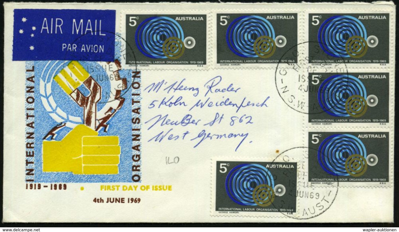 AUSTRALIEN 1969 (4.6.) 5 C. "50 Jahre I L O / B I T" , Reine MeF: 6 Stück ! , Klar Gest. Übersee-Flp.-FDC-SU  (Mi.417 Me - ONU