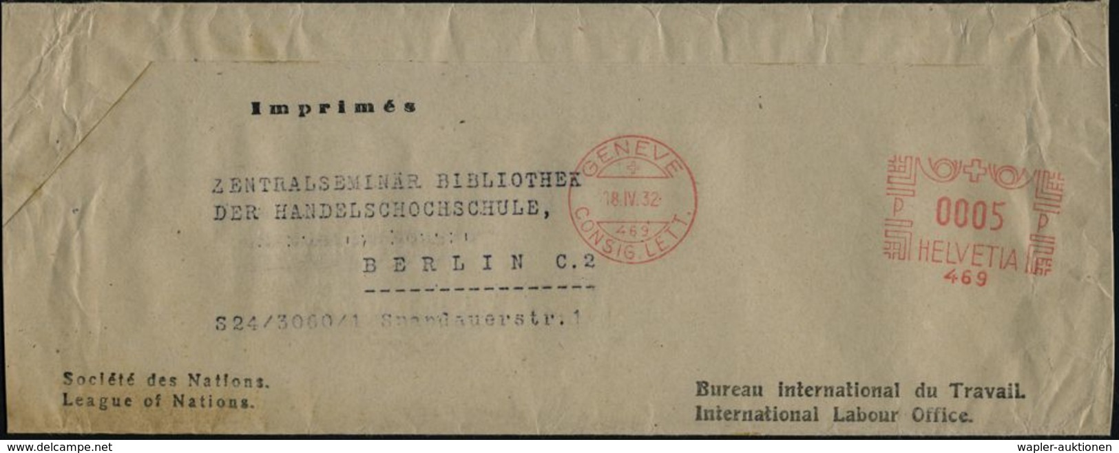 SCHWEIZ 1932 (18.4.) AFS: GENEVE/469/CONSIG. LETT./469 = Societé Des Nations (ohne Werbeklischee) 0005 C.  Auf Ausl.-Zei - VN