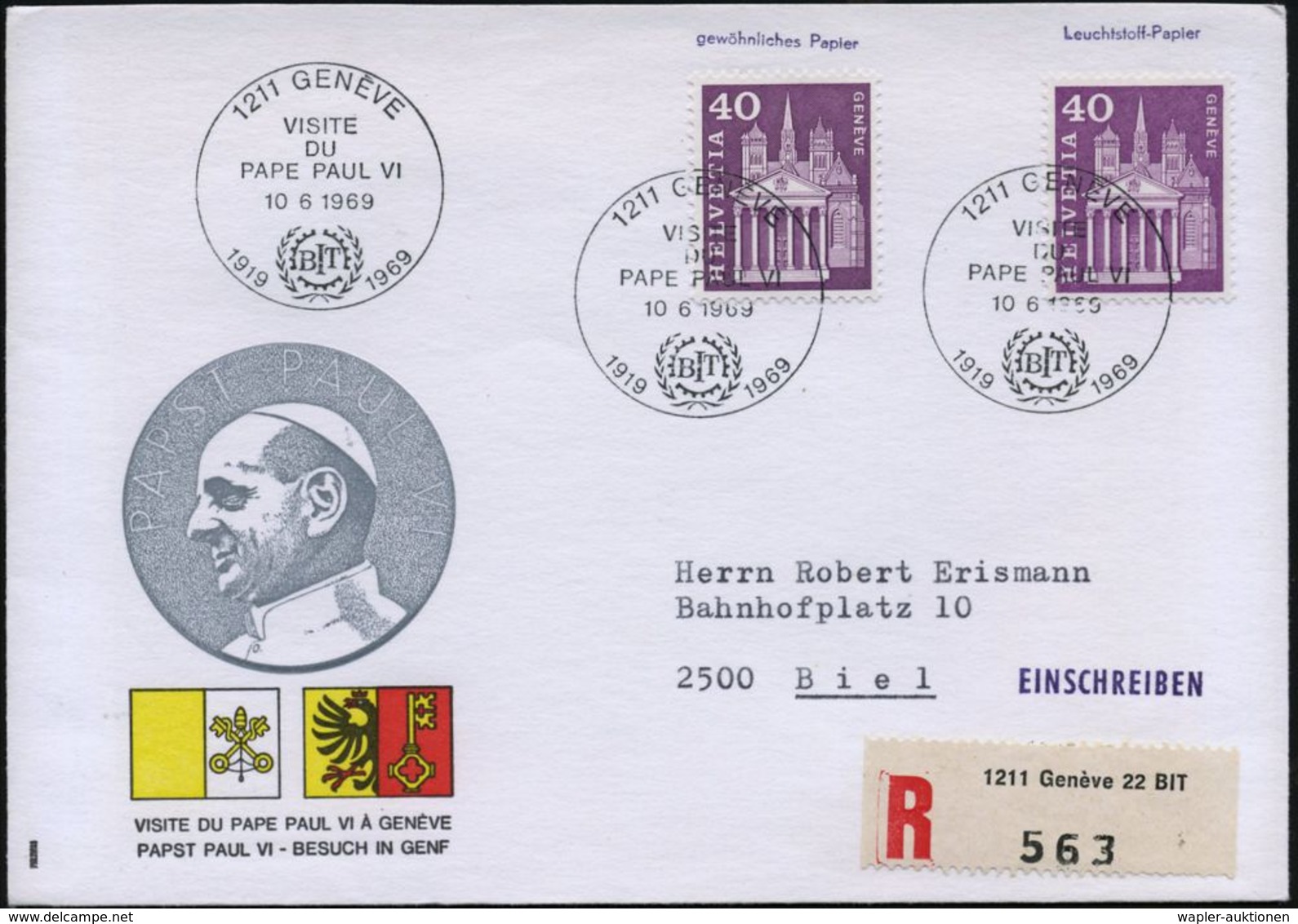 SCHWEIZ 1969 (10.6.) SSt.: 1211 GENEVE/VISITE/DU/PAPE PAUL VI/B I T/1919 1969 (Logo) + Sonder-RZ: 1211 Genève 22   B I T - VN