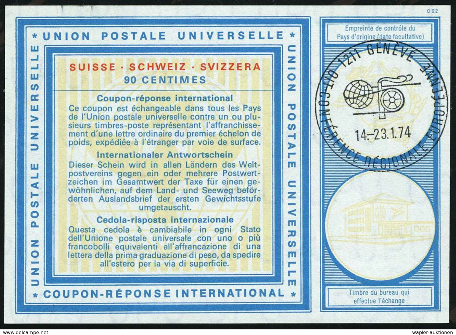 SCHWEIZ 1974 (Jan.) SSt.: 1211 GENEVE/OIT CONFERENCE REGIONALE EUROPEENNE (BIT-Logo) Auf IAS Schweiz 90 C. (Typ Wien) Gl - ONU