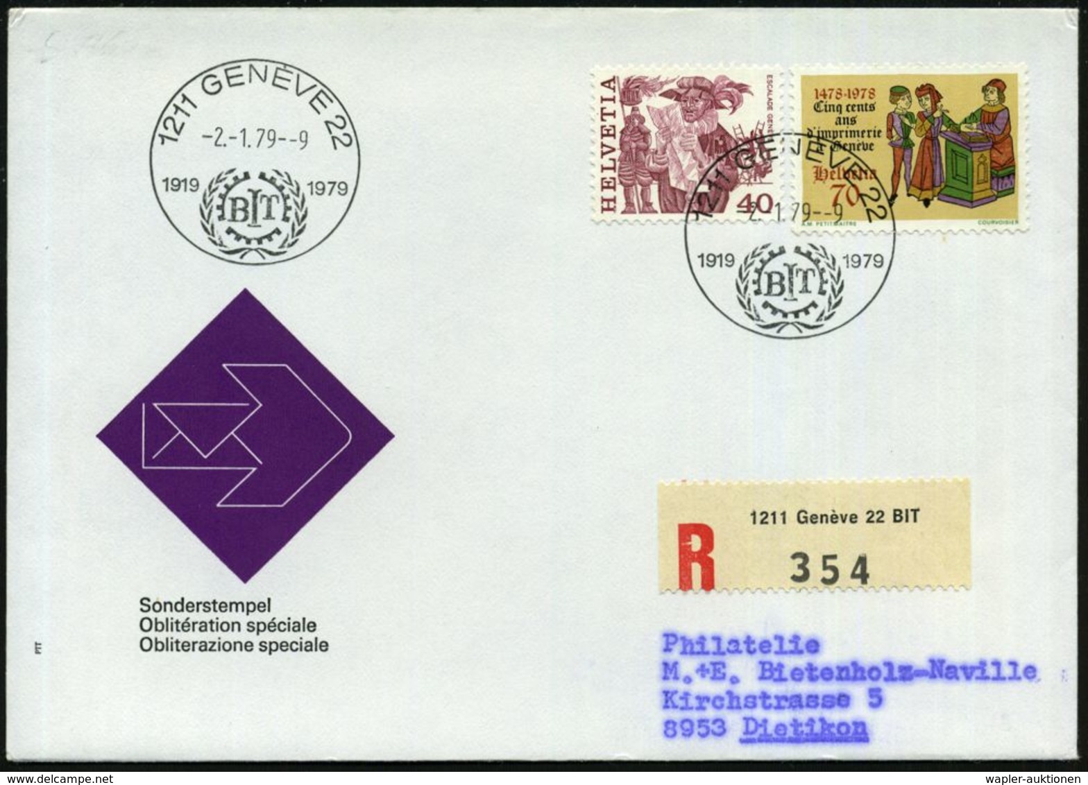 SCHWEIZ 1979 (2.1.) SSt: 1211 GENEVE 22/1919 BIT 1979 (BIT-Logo) + Sonder-RZ: 1211 Genève 22  B I T, Inl.-R-Bf.  (Pen.S  - ONU