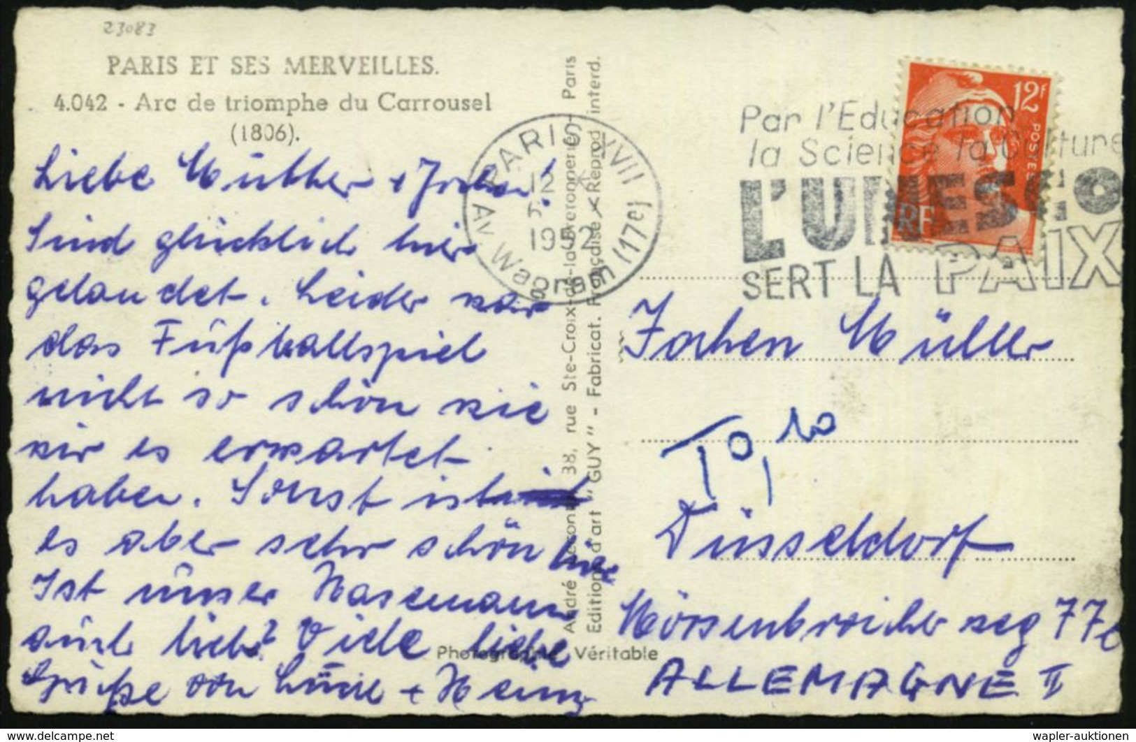 FRANKREICH 1952 (6.10.) MWSt: PARIS XVII/..L'UNESCO/SERT LA PAIX (Text Rechts) Klar Auf Ausl.-Ak. - - UNESCO