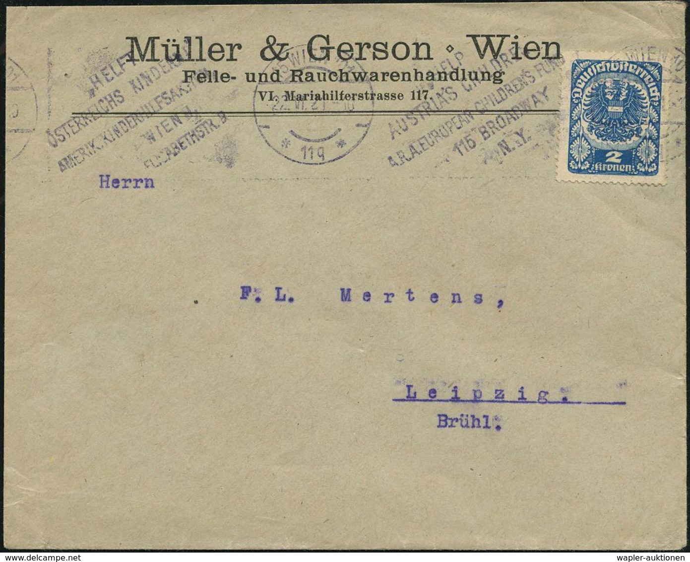 ÖSTERREICH 1921 (Juni) BdMWSt: 15 WIEN 101/*11q*/HELP/AUSTRIA's CHILDREN/A.R.A. EUROPEAN CHILDREN FUND.. (Text Zweisprac - UNICEF