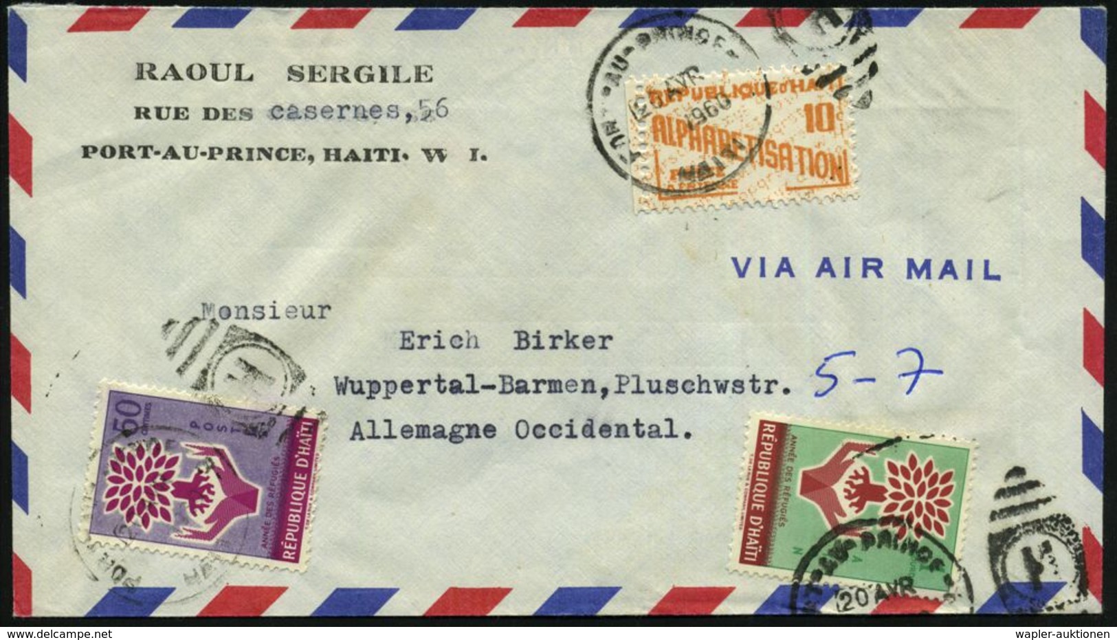 HAITI 1960 (Apr.) Weltflüchtlingsjahr 50 C. U. 1G., Motivreine Frankat + Zwangzuschlag 10 C. , Übersee-Flp.-Bf.  (Mi.600 - VN