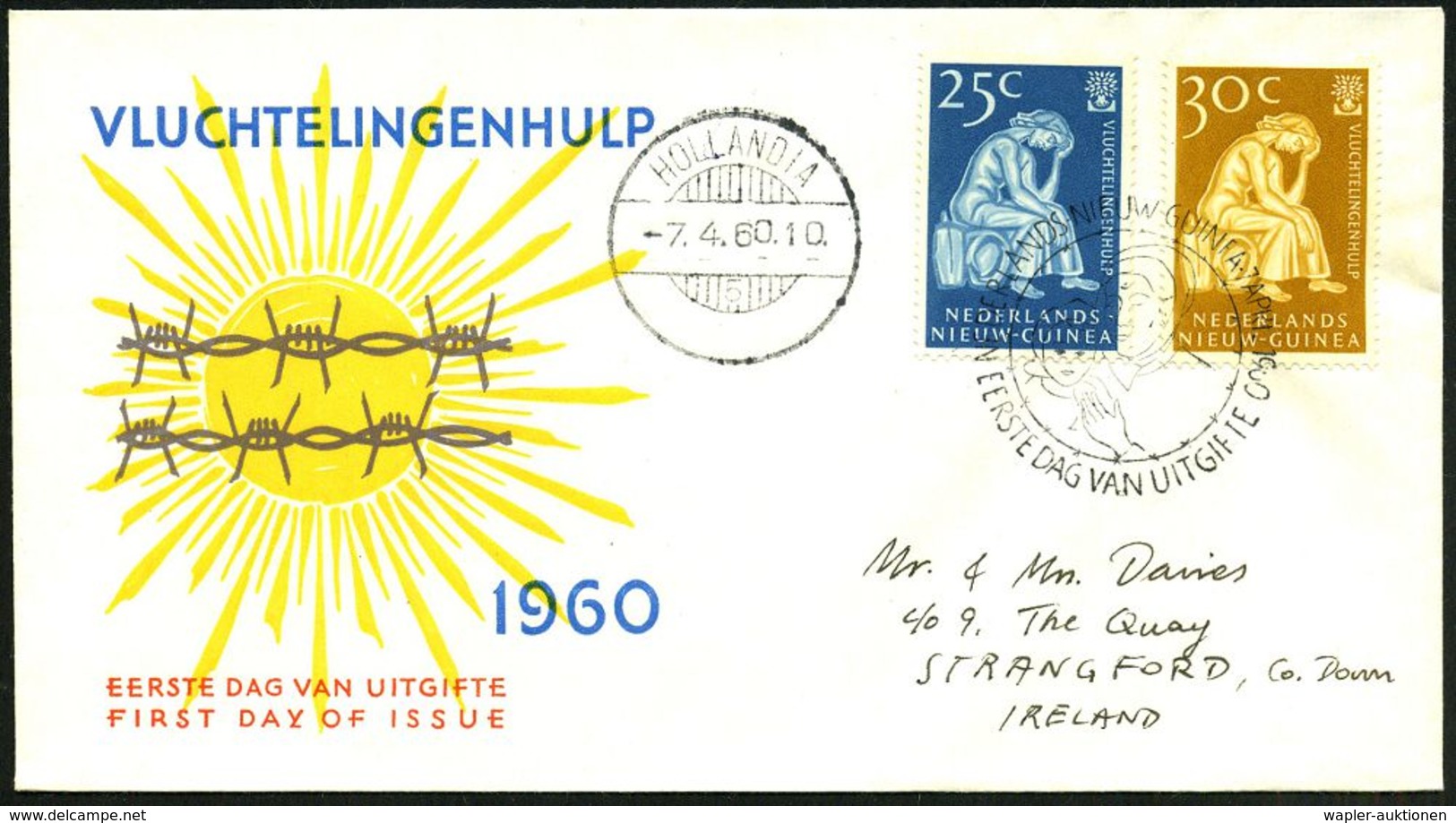 NIEDERLÄNDISCH-NEUGUINEA 1960 (7.4.) "Weltflüchtlingsjahr", Kompl. Satz + ET-SSt (HOLLANDIA), Übersee-FDC-SU.  (Mi.61/2) - UNO