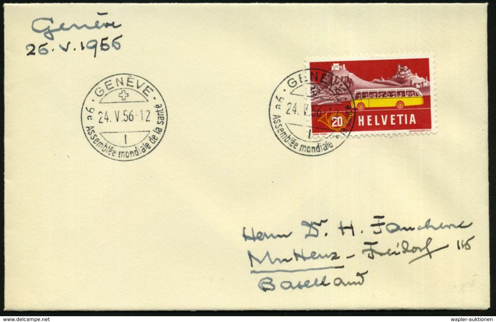 SCHWEIZ 1956 (Mai) SSt: GENEVE/9e Assemblée Mondiale De La Santé (9. WHO-Session) Klar Auf Inl.-Bf. (Pen.S 408 /Ty.I) - - WGO