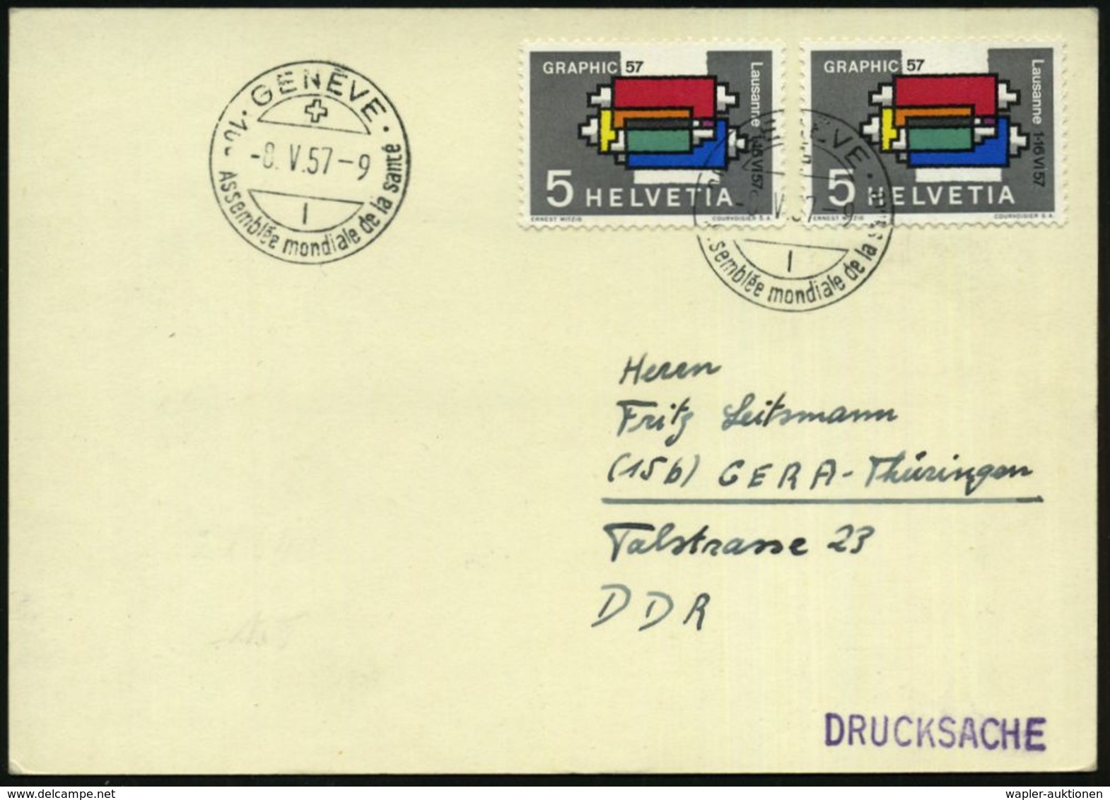 SCHWEIZ 1957 (8.5.) SSt.: GENEVE/10e Assemblée Mondiale De La Santé (10. Vollversammlung) 2x Klar Auf Ausl.-Kt.  (Pen.S  - WGO