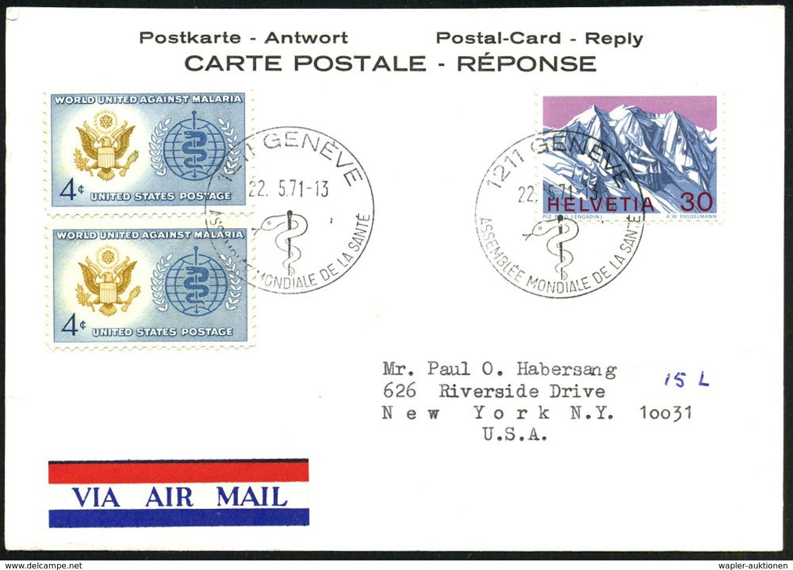 SCHWEIZ /  U.S.A. 1971 (22.5.) SSt.: 1211 GENEVE/ASSEMBLEE MONDIALE DE LA SANTE AUF MiF 30 C. Schweiz + U.S.A. 2x 4 C. A - OMS