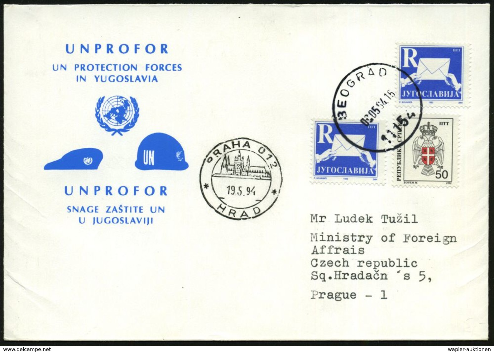 JUGOSLAWIEN 1994 (9.5.) 1K: BEOGRAD/11154 , Jugoslaw. Frankatur, SU: UNPROFOR / UN PROTECTION FORCES IN YUGOS-LAVIA, Rs. - ONU