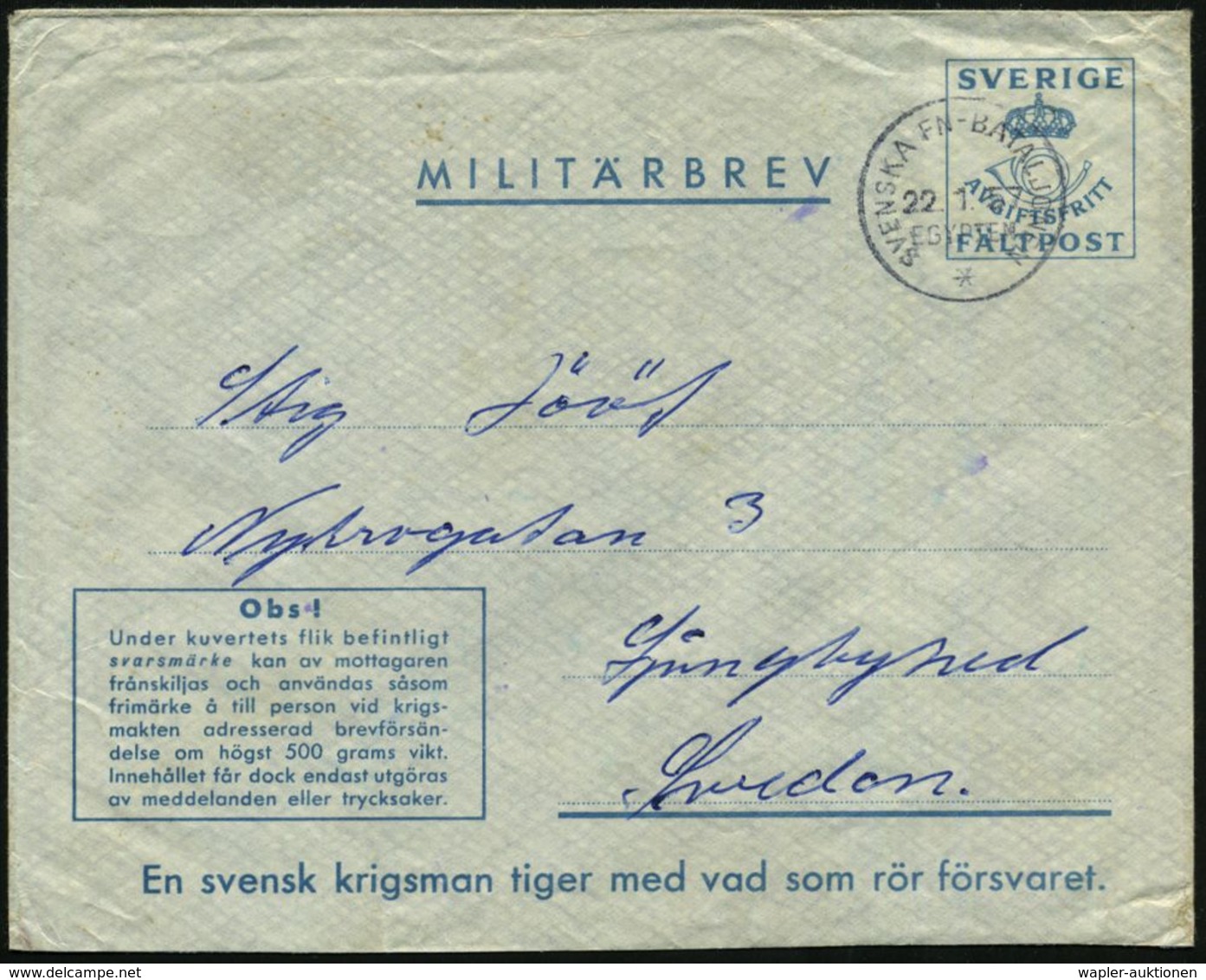 SCHWEDEN /  ÄGYPTEN 1957 (22.1.) Feldpost-1K: SVENSKA FN-BATALJONEN/* Auf Feldpostumschlag "MILITÄRBREV" , Rs. Hs. Abs., - ONU