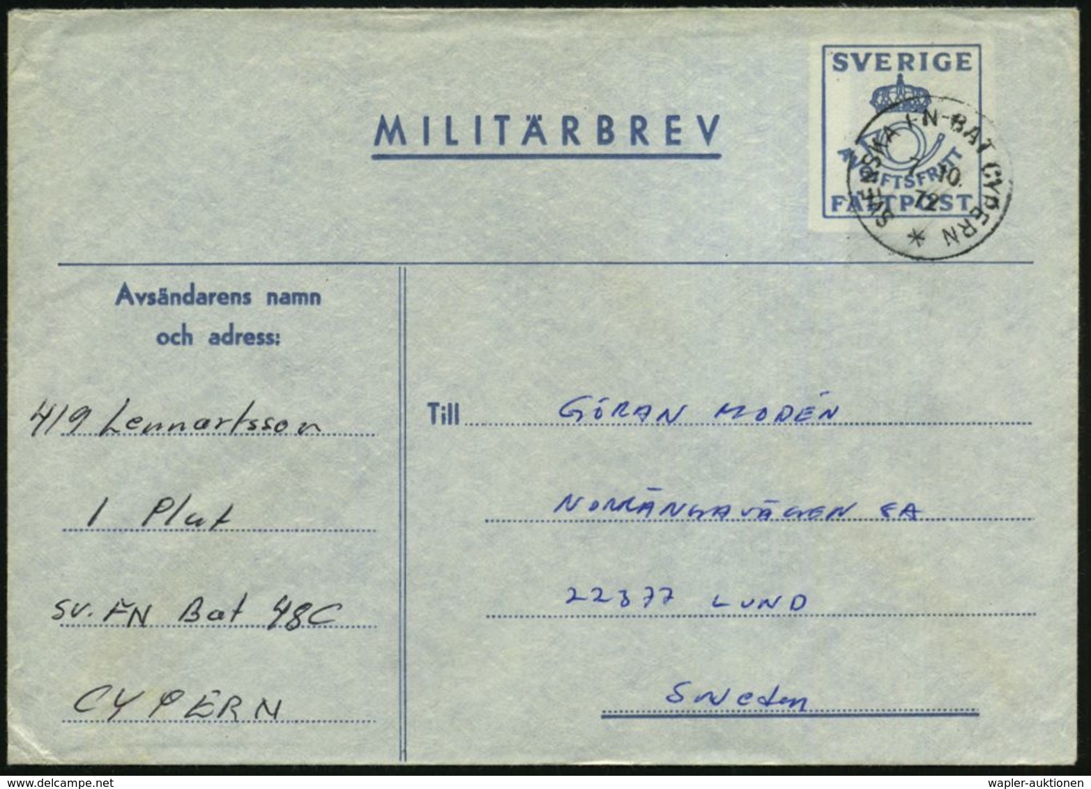 SCHWEDEN /  ZYPERN 1972 (7.10.) 1K: SVENSKA FN-BAT CYPERN/* + Hs. Abs.: "SV. FN Bat 48 C, CYPERN" , Schwed. Feldpost-Ums - ONU