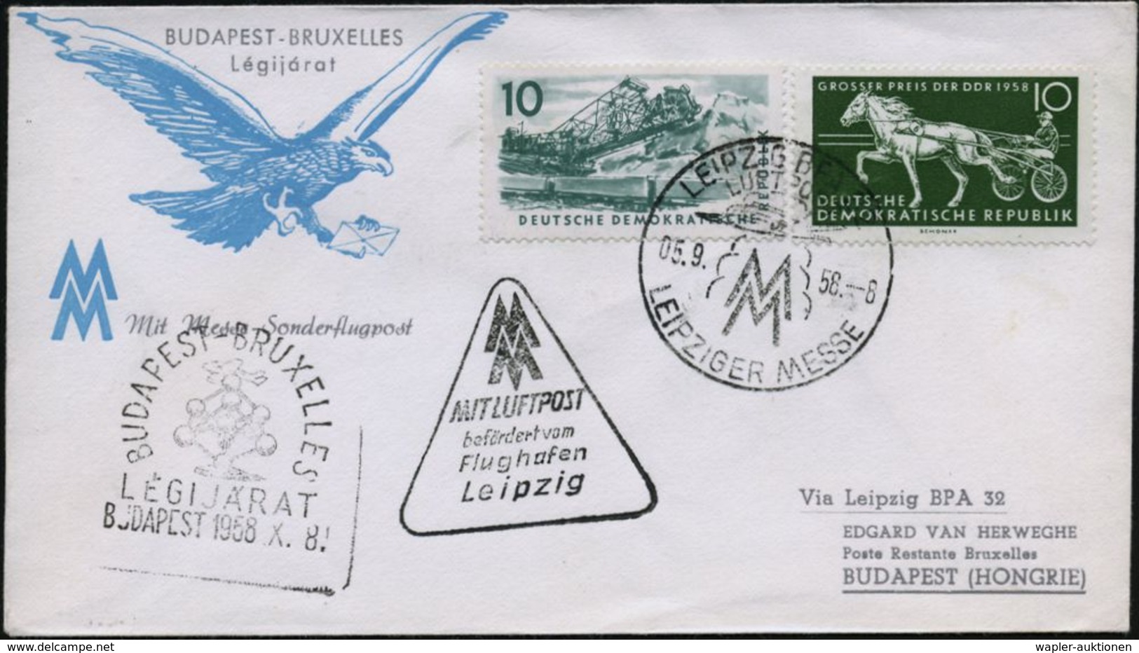 LEIPZIG BPA32/ LUFTPOST/ MM/ LEIPZ.MESSE 1958 (5.9.) SSt Auf Expo-Sonderflug: Budapest - Brüssel (AS) Amtl. HdN: Atomium - Altri & Non Classificati