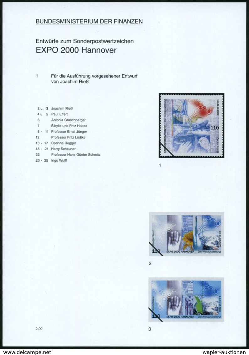 B.R.D. 1999 (Feb.) 110 Pf. "EXPO 2000 Hannover", 25 Verschiedene Color-Alternativ-Entwürfe Der Bundesdruckerei Auf 6 Ent - Autres & Non Classés