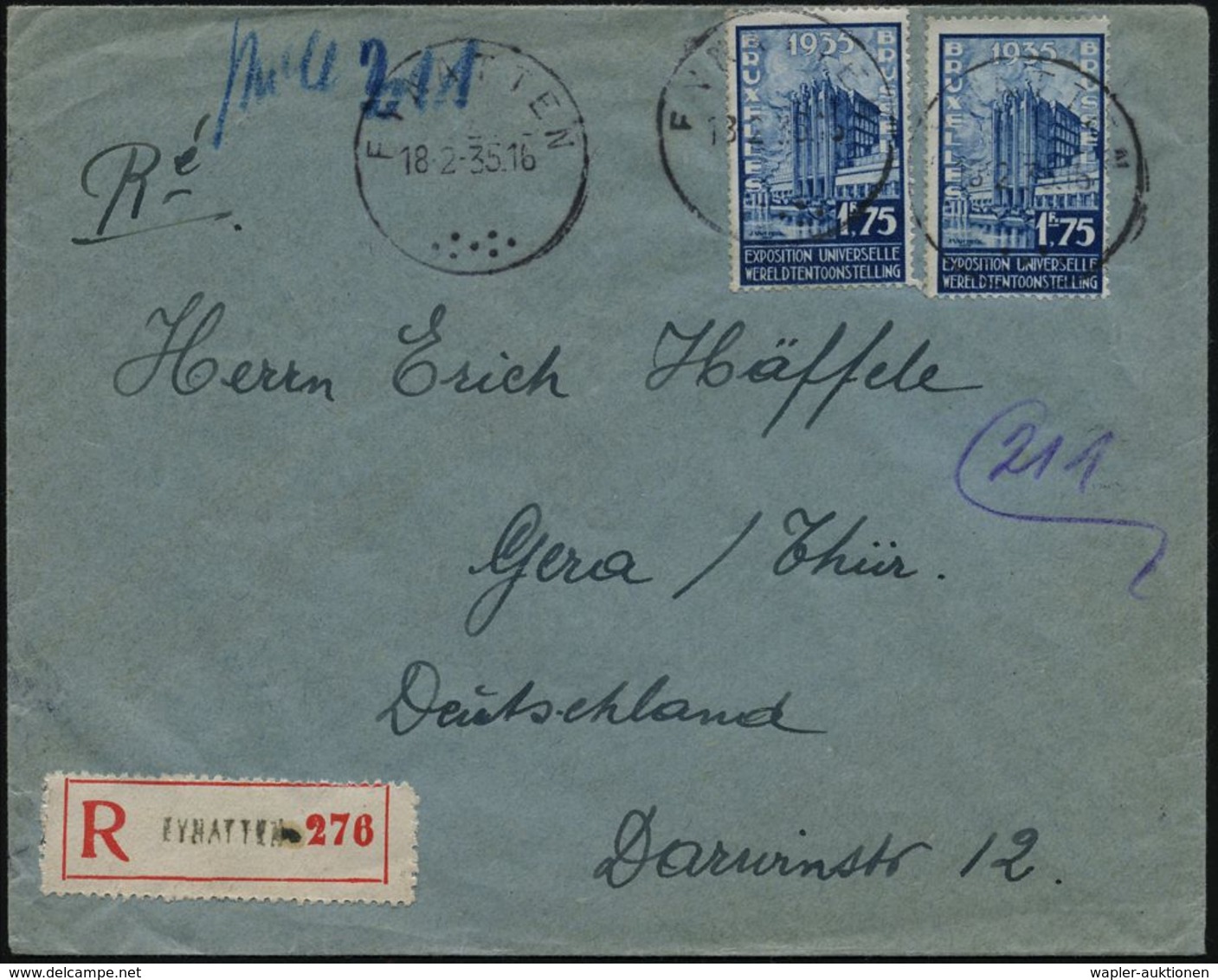 BELGIEN 1935 (18.2.) 1,75 F. "Expo Brüssel", Reine MeF: 2 Stück (Großer Palast) Sauber Gest. Ausl.-R-Bf., Seltene Franka - Altri & Non Classificati