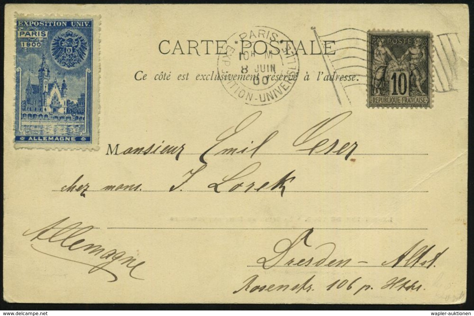 FRANKREICH 1900 (8.6.) Ma.FlaggenSt.: PARIS/EXPOSITION UNIVERSELLE/R F (Flagge) + Blaue Expo.-Vignette,; EXPOSITION UNIV - Autres & Non Classés
