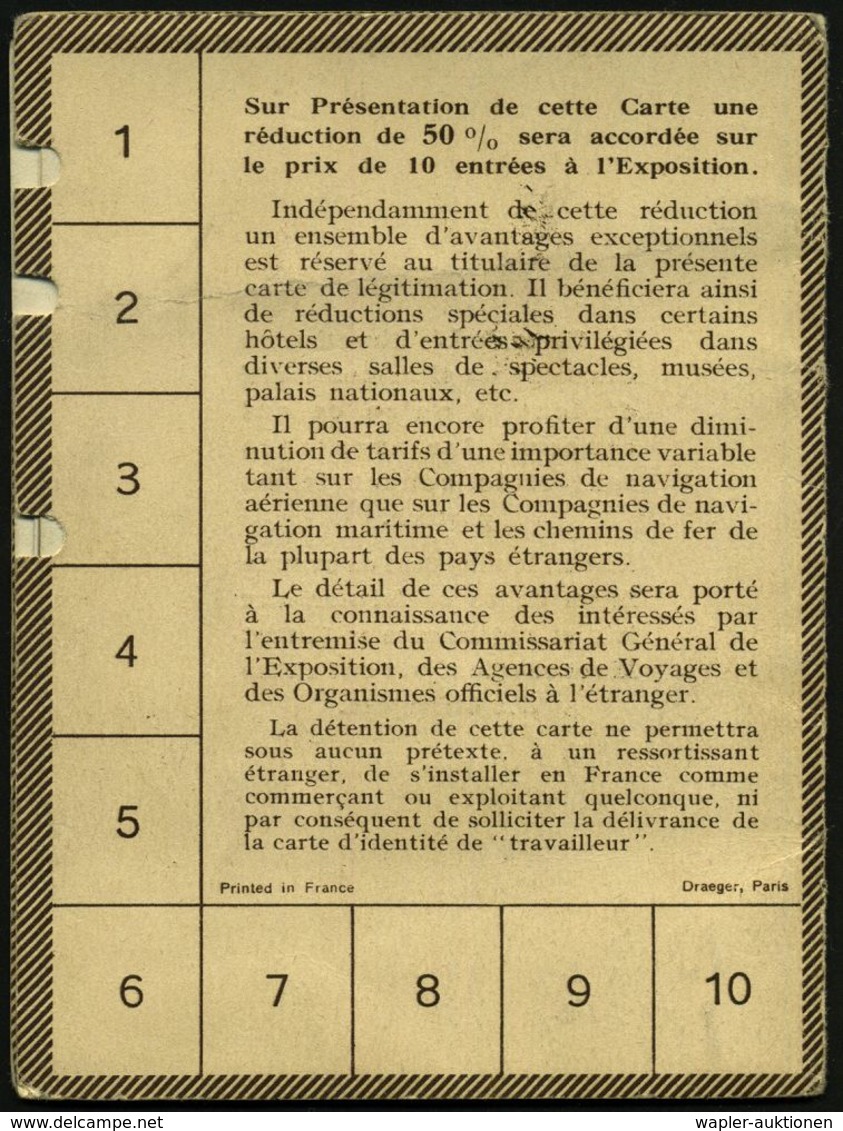 FRANKREICH 1937 Orig. Ausweis: EXPOS. INTERNAT PARIS 1937, CARTE DE LEGITIMATION Mit Blindprägung (Allegorie) + Inhalt:  - Andere & Zonder Classificatie