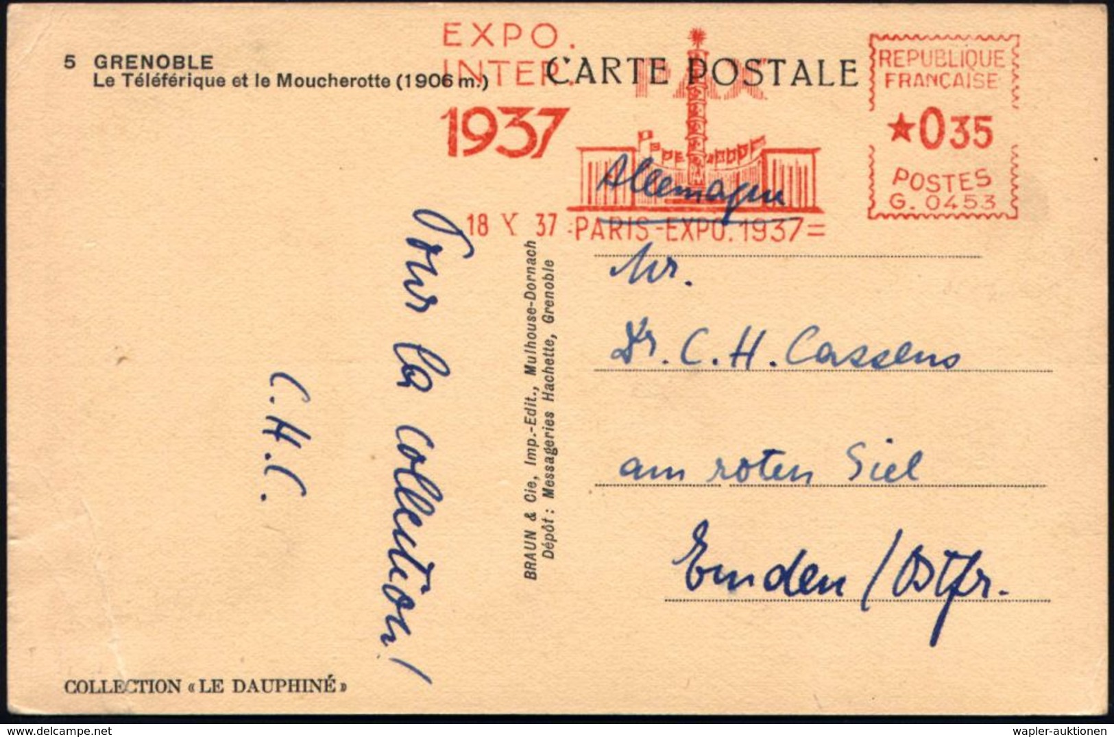 FRANKREICH 1937 (18.10.) Seltener AFS: PARIS-EXPO.1937/ PAX/ EXPO./ INTER. (Friedenssäule, Flaggen) Ausl.-Ak. (Eckbugspu - Altri & Non Classificati