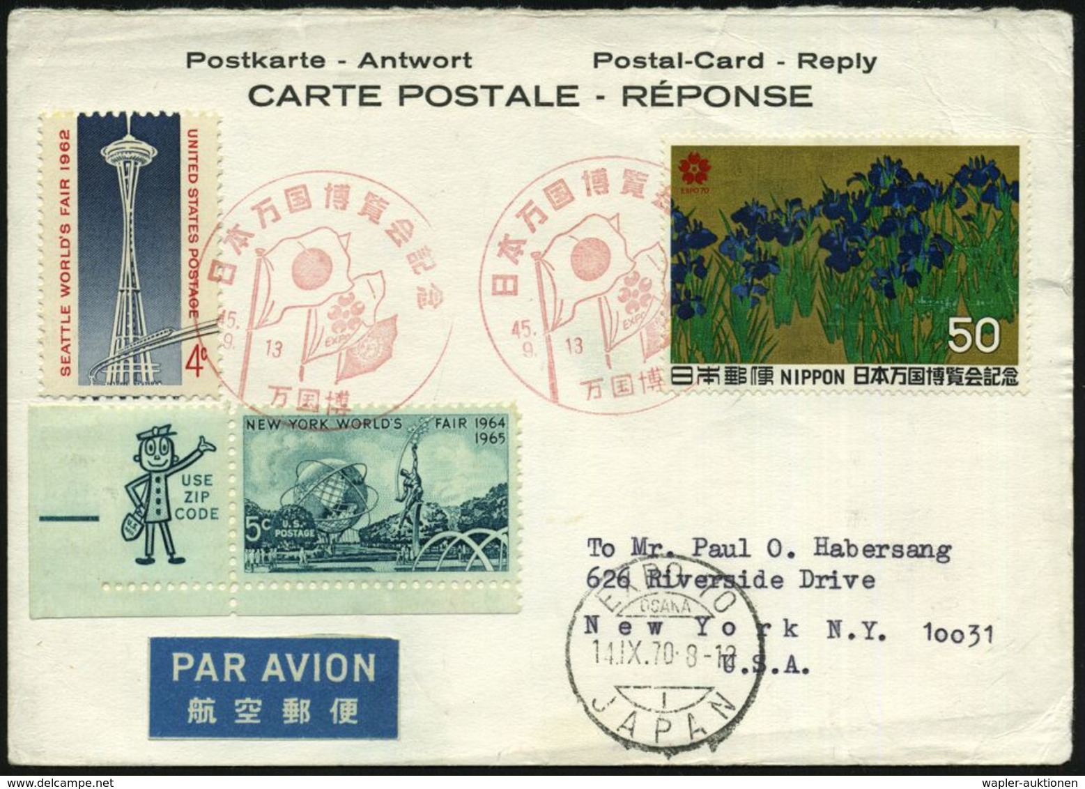 JAPAN /  USA 1970 (7.9.) Roter SSt: OSAKA/ EXPO (Flaggen) Auf 50 Y. Expo (Mi.1072) + 1K: EXPO 70/OSAKA/ JAPAN  + USA 5 C - Sonstige & Ohne Zuordnung