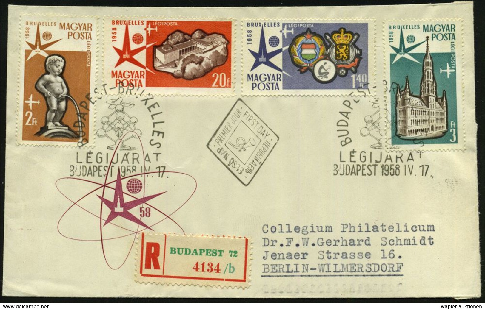 UNGARN 1958 (17.4.) Expo Brüssel, Kompl. Gez.Satz , Mehrfacher Atomium-SSt: BUDAPEST + RZ: BUDAPEST 72, 2 Ausl.-R-FDC-SU - Autres & Non Classés