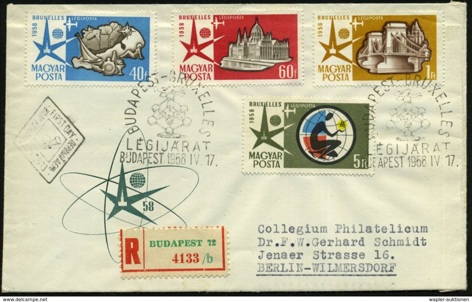 UNGARN 1958 (17.4.) Expo Brüssel, Kompl. Gez.Satz , Mehrfacher Atomium-SSt: BUDAPEST + RZ: BUDAPEST 72, 2 Ausl.-R-FDC-SU - Autres & Non Classés