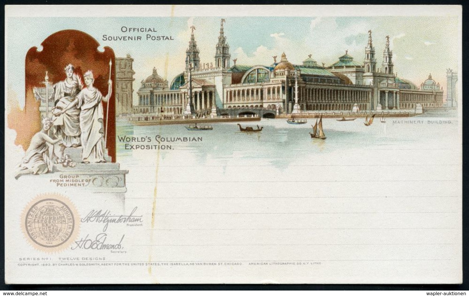 U.S.A. 1893 PP 1 C. Grant, Schw.: WORLD'S COLUMBIAN EXPOSITION.. (Ausstellungs-Pavillon (Hauptgebäude ?), Skulpturengrup - Altri & Non Classificati