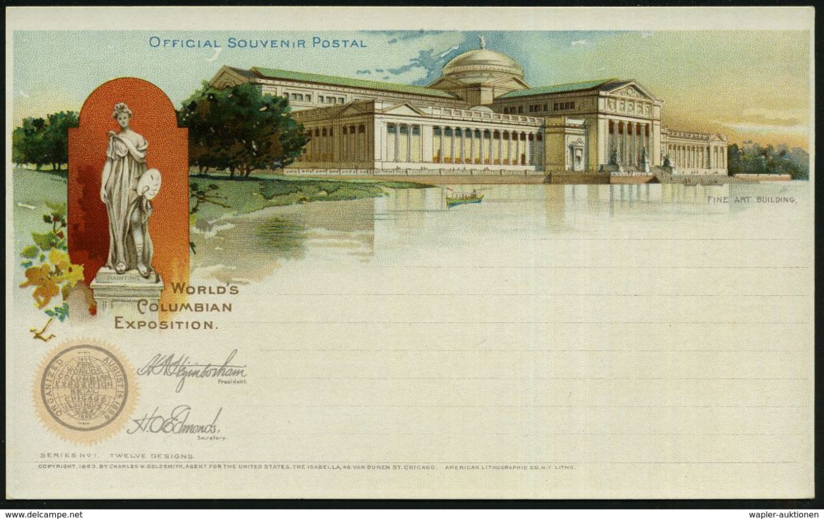 U.S.A. 1893 PP 1 C. Grant, Schw.: WORLD'S COLUMBIAN EXPOSITION.. FINE ART BUILDING (= Kunstpalast Weltausstellung U. Kün - Andere & Zonder Classificatie