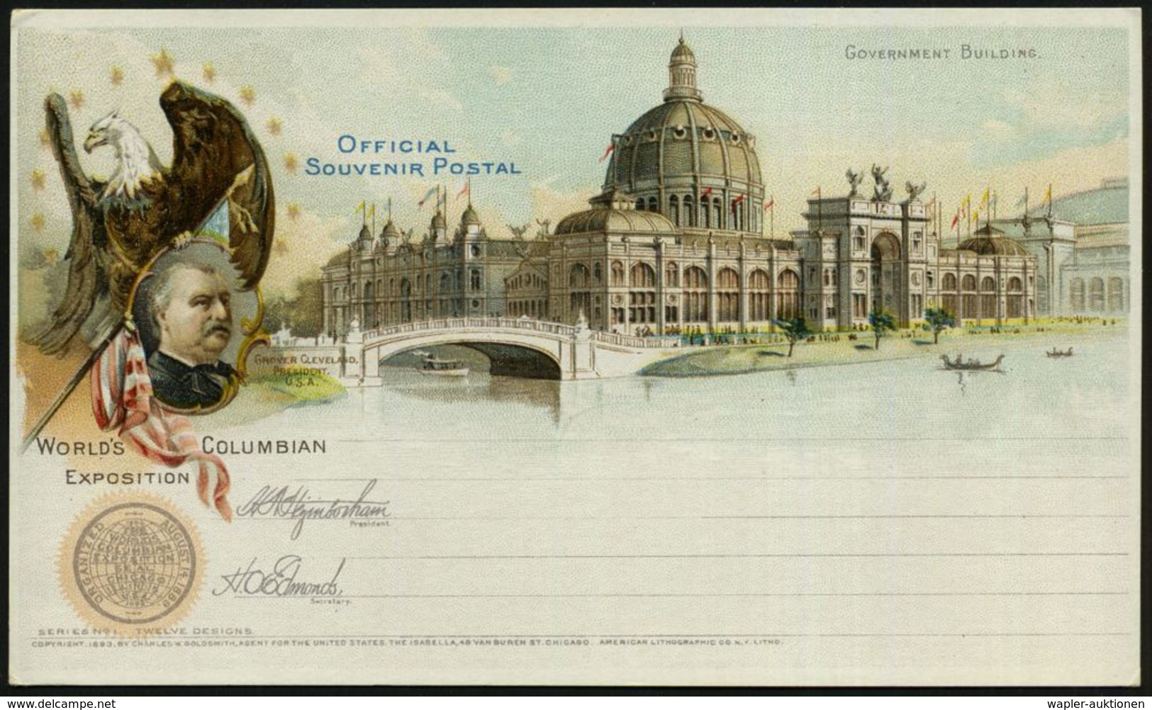 U.S.A. 1893 PP 1 C. Grant, Schw.: WORLD'S COLUMBIAN EXPOSITION.. Government Building, Präs. Grover Cleveland = Präsident - Andere & Zonder Classificatie