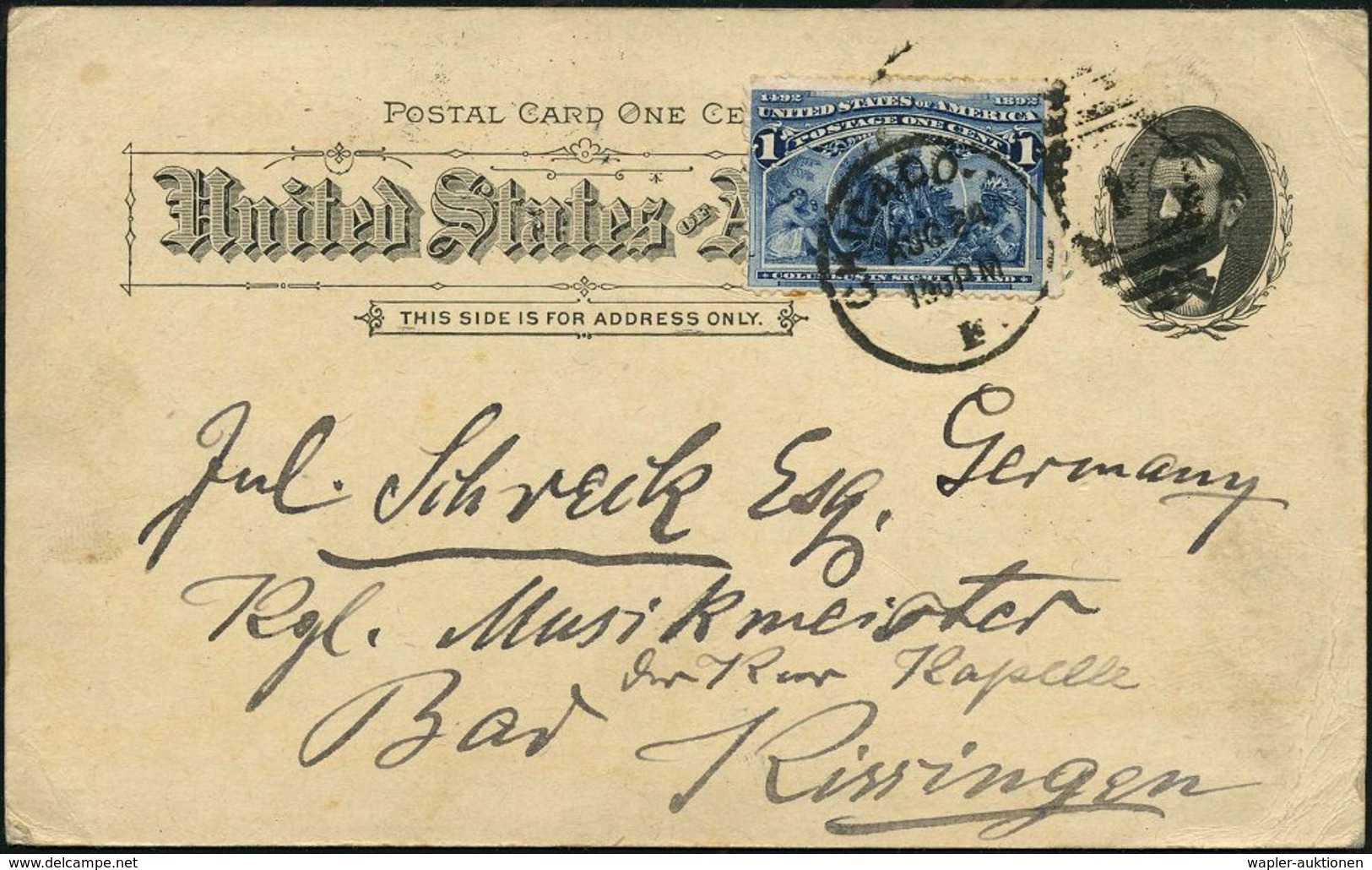 U.S.A. 1893 (24.8.) PP 1 C. Grant, Schw.: WORLD'S COLUMBIAN EXPOSITION = Mines Building = Bergbau-Palast U. Allegorie Mi - Autres & Non Classés