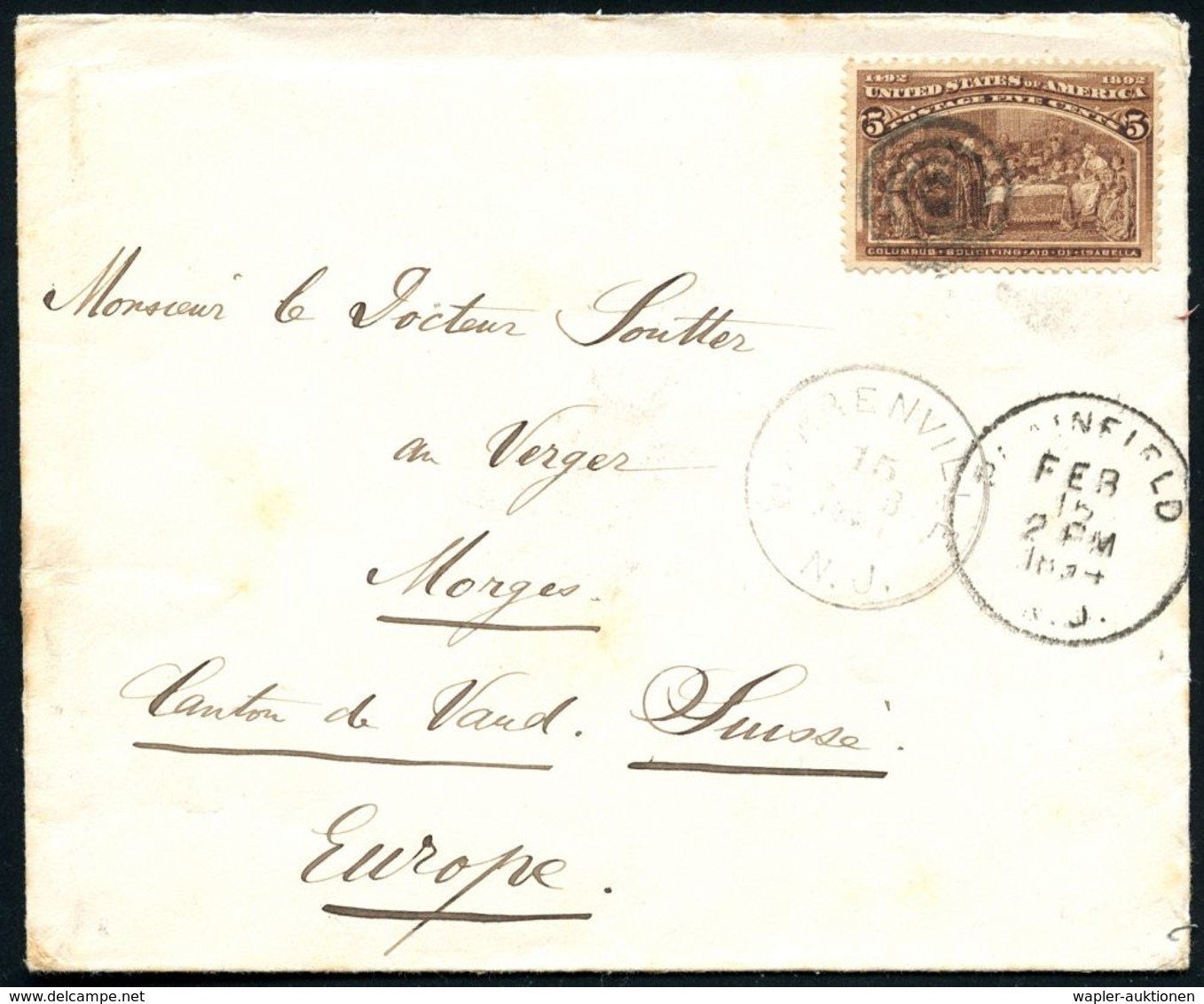 U.S.A. 1893 (Febr.) 5 C. Columbus-Expo, EF = Columbus Vor Isabella I. , Sauber Gest. Kleiner Übersee-Bf. In Die Schweiz  - Andere & Zonder Classificatie