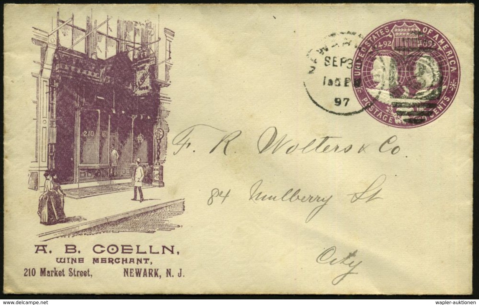 U.S.A. 1897 (30.9.) Reklame-PU. 2 C. "Columbian Expos. 1892" Viol.: A. B. COELLN / WINE MERCHANT / NEWARK, N.J. (Weinges - Altri & Non Classificati