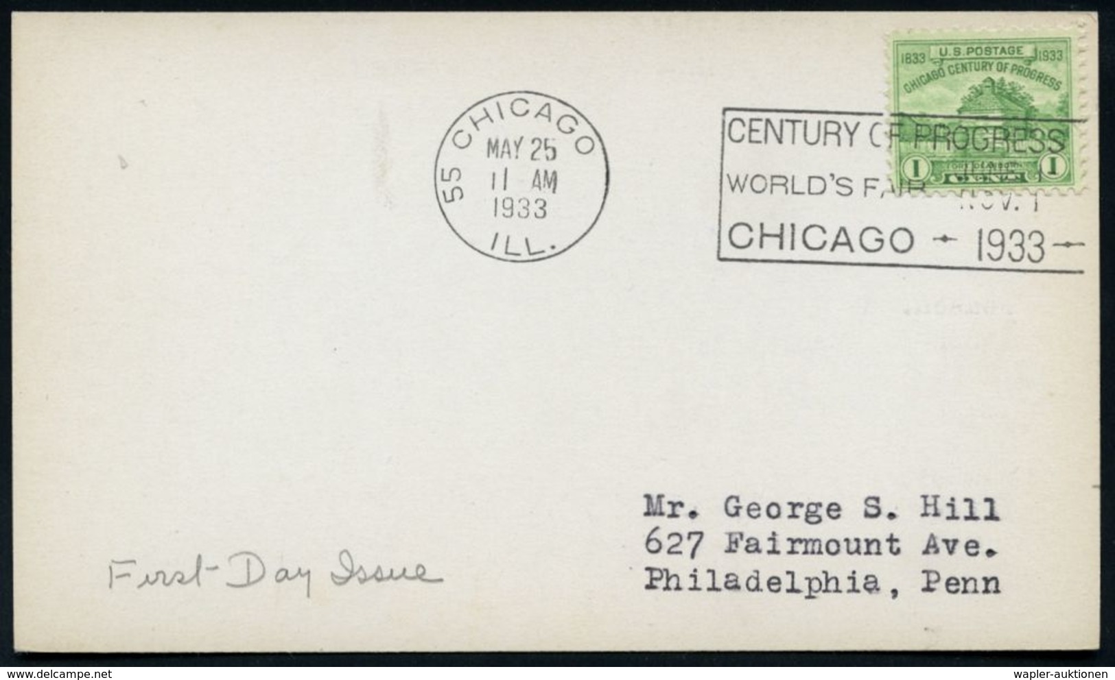 U.S.A. 1933 (25.5.) 1 C. "Chicago World's Fair", EF = Fort Dearborn (Blockhaus = 100 Jahre Chicago) + Passender MWSt.: 5 - Altri & Non Classificati